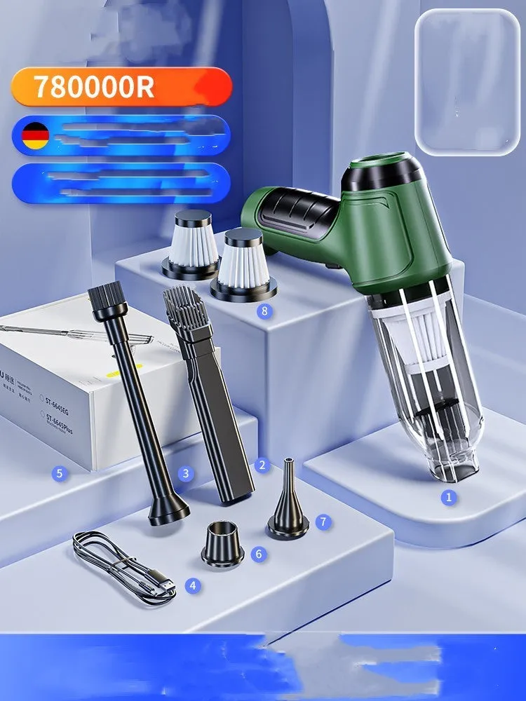 Handheld cordless car vacuum cleaner with nozzle and high-power 120W motor for vehicle interiors.
