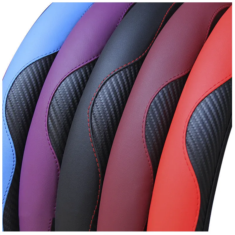 Carbon fiber sports steering wheel cover in black with red stitching, 37-38cm universal fit for cars