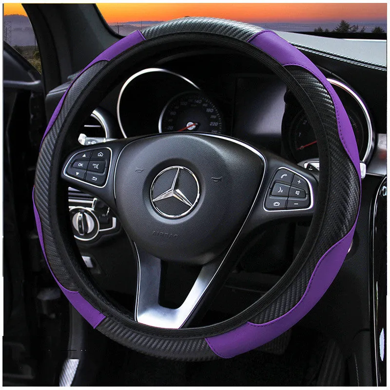 Carbon fiber sports steering wheel cover in black with red stitching, 37-38cm universal fit for cars