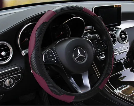 Carbon fiber sports steering wheel cover in black with red stitching, 37-38cm universal fit for cars