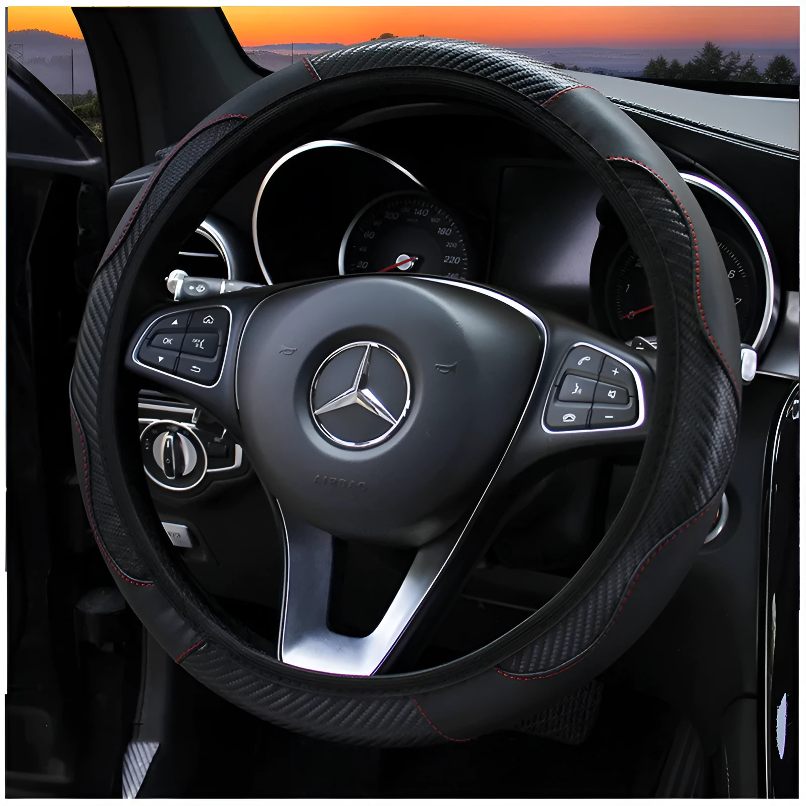 Carbon fiber sports steering wheel cover in black with red stitching, 37-38cm universal fit for cars