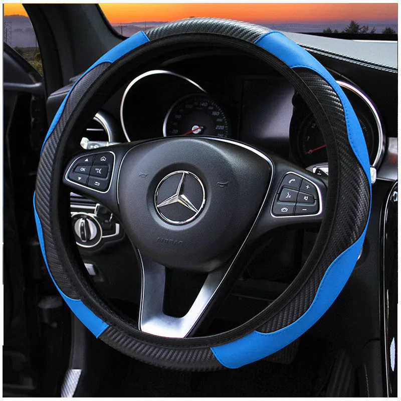 Carbon fiber sports steering wheel cover in black with red stitching, 37-38cm universal fit for cars