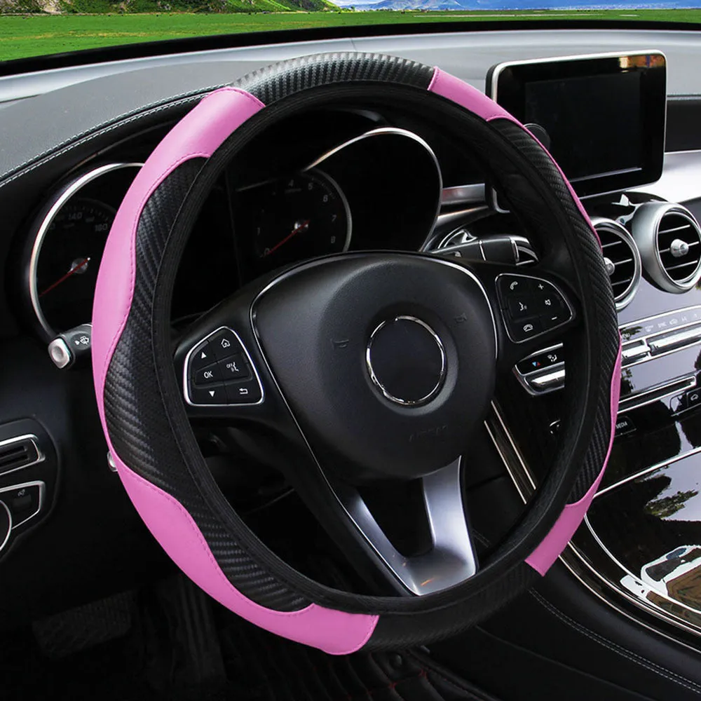 Carbon fiber sports steering wheel cover in black with red stitching, 37-38cm universal fit for cars