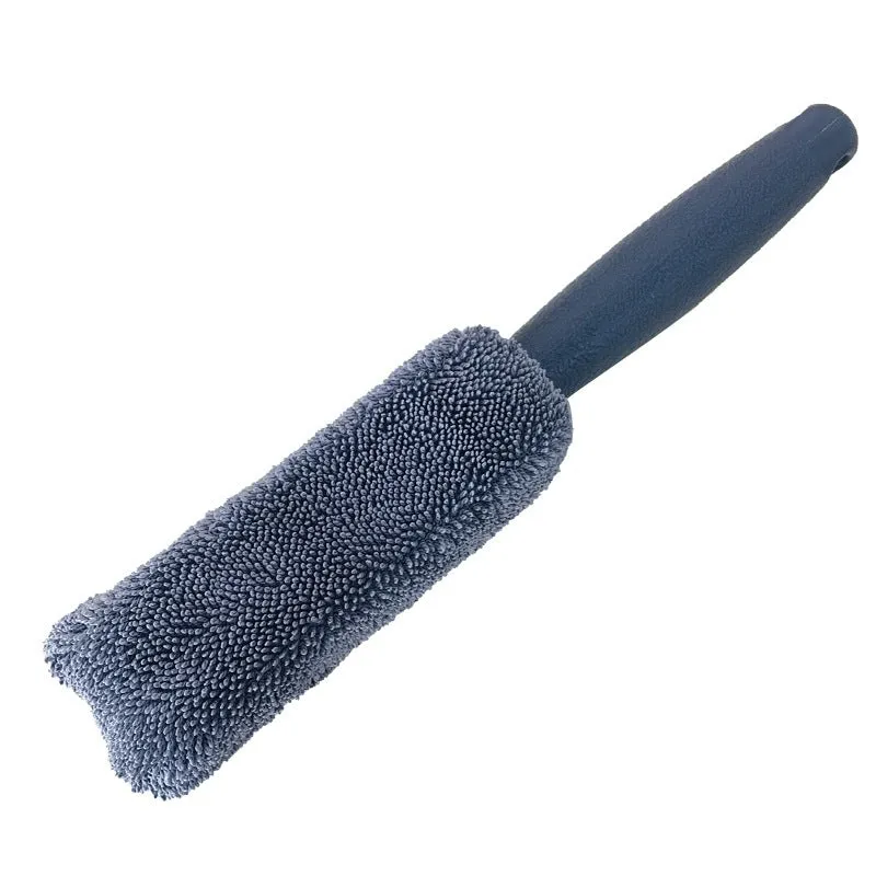 Blue microfiber car tyre brush with extended 45cm handle for wheel cleaning