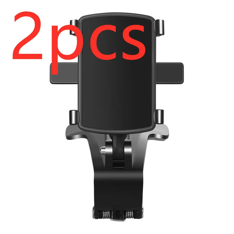 Black car phone holder mounted on dashboard with smartphone in clip