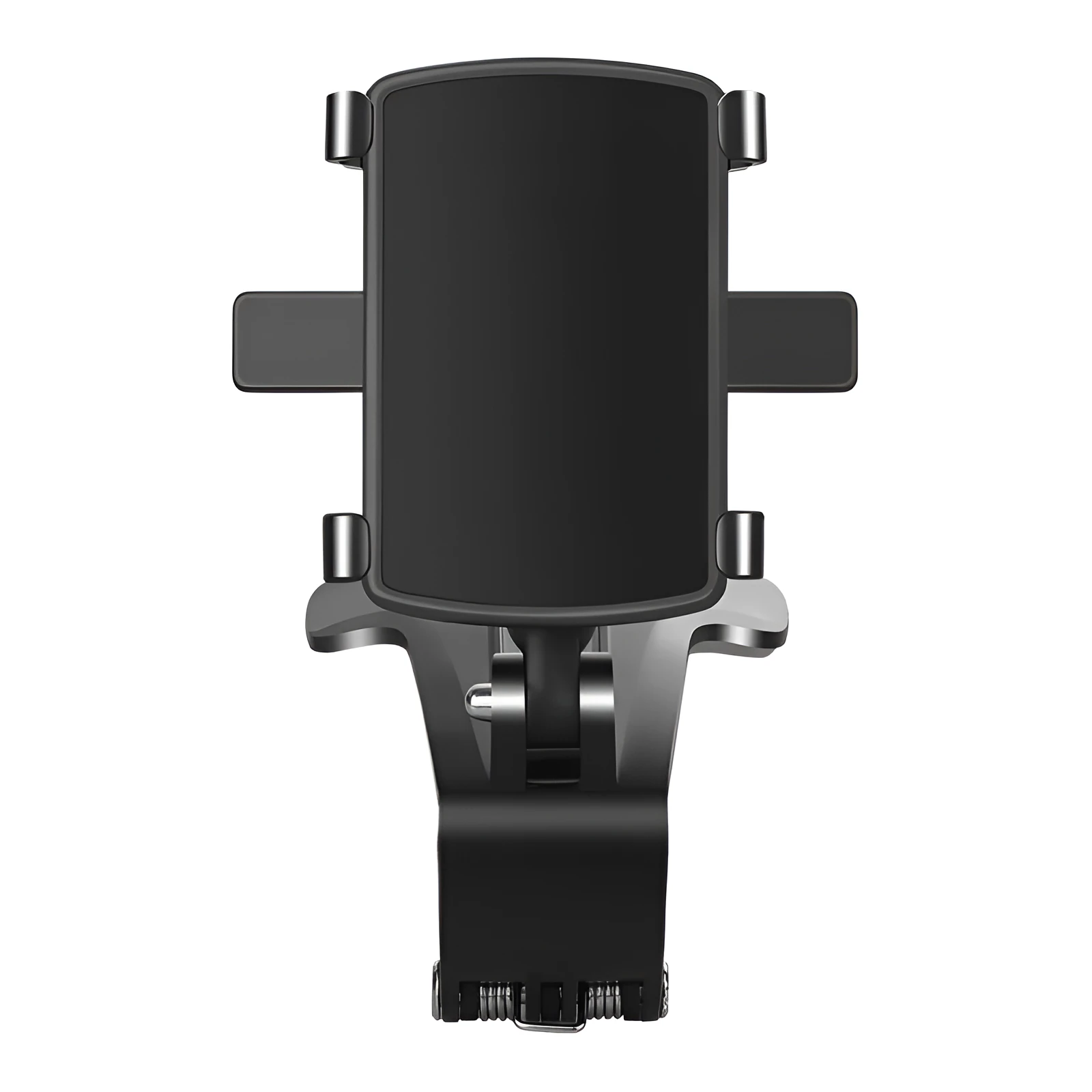 Black car phone holder mounted on dashboard with smartphone in clip
