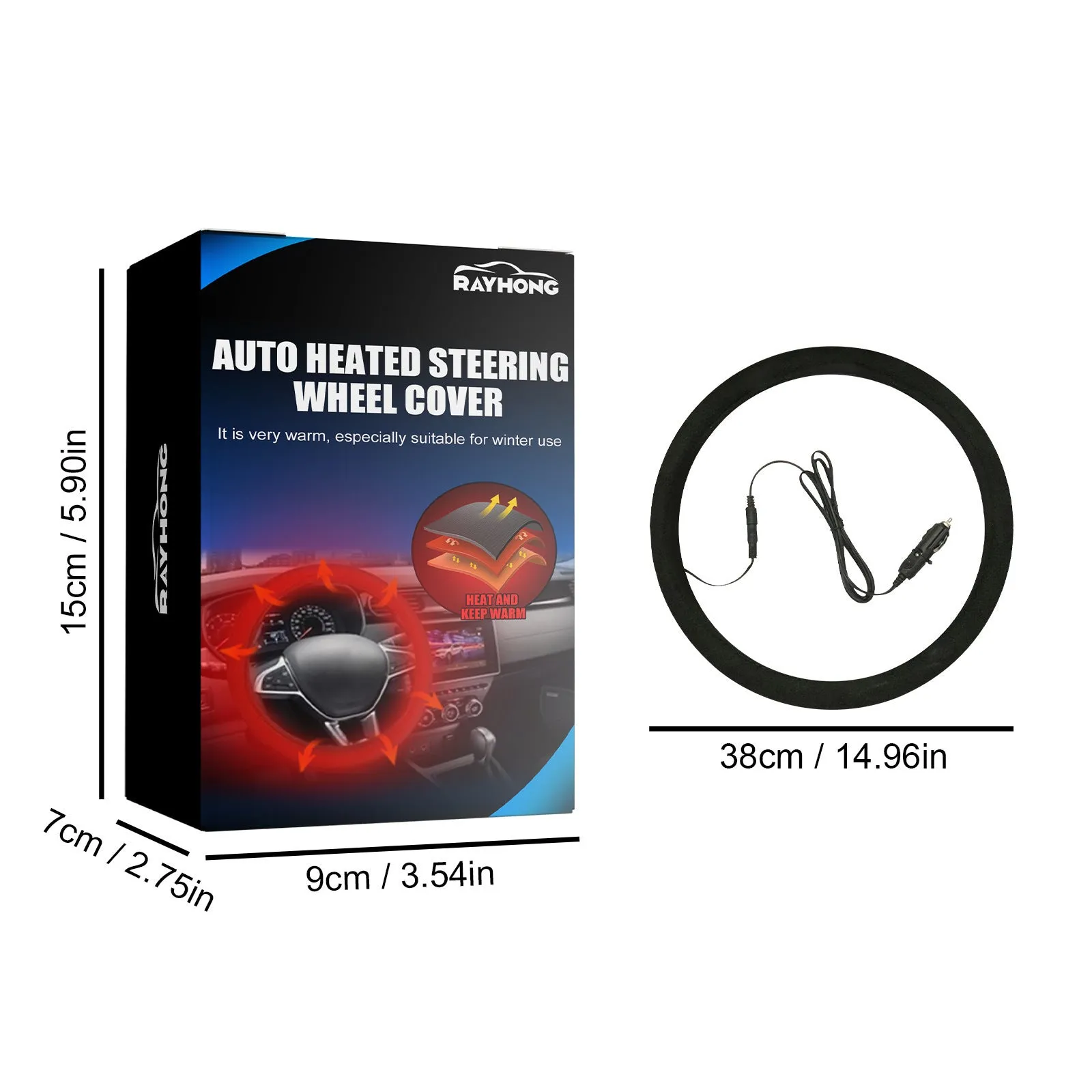 Black suede automobile steering wheel heating sleeve with power lines
