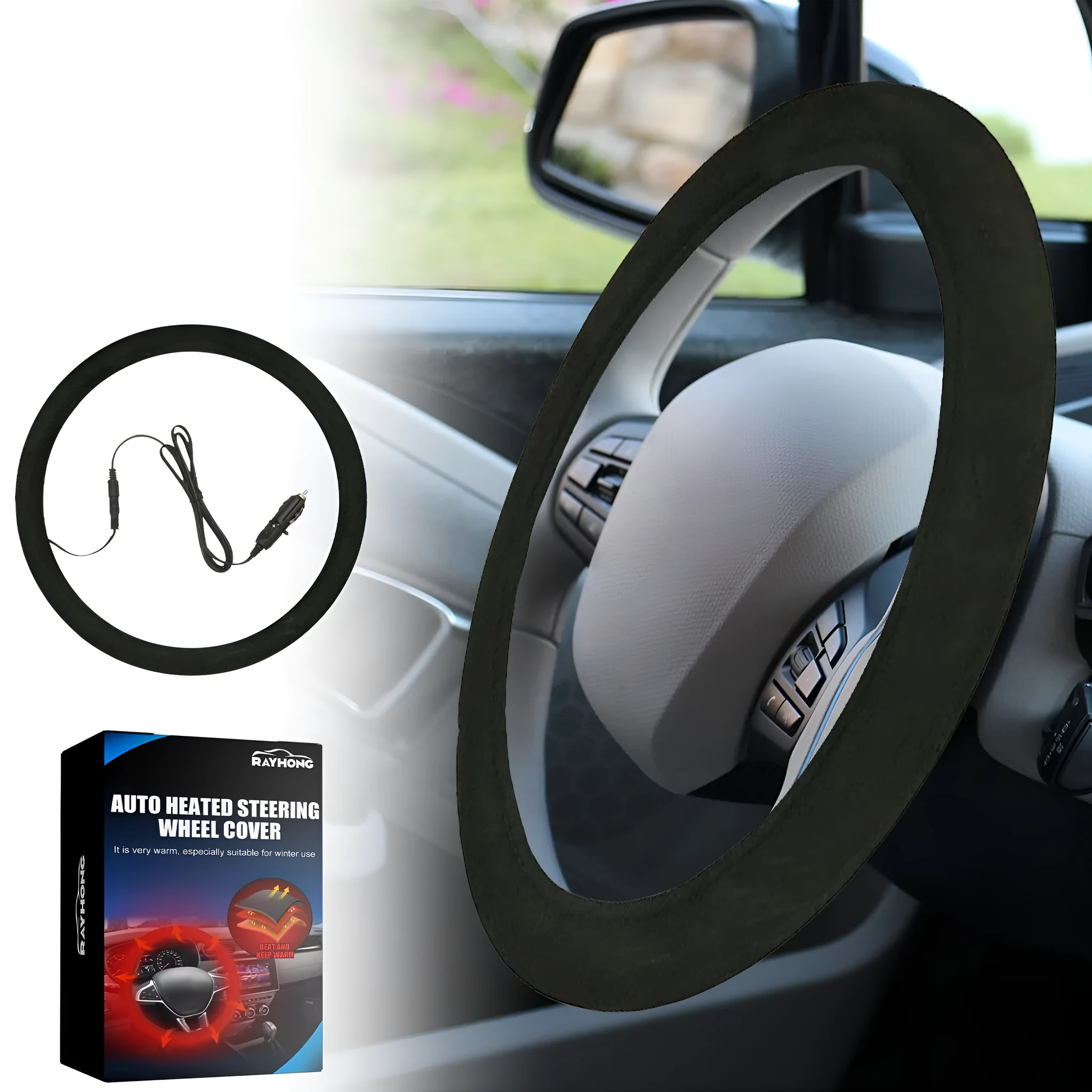 Black suede automobile steering wheel heating sleeve with power lines