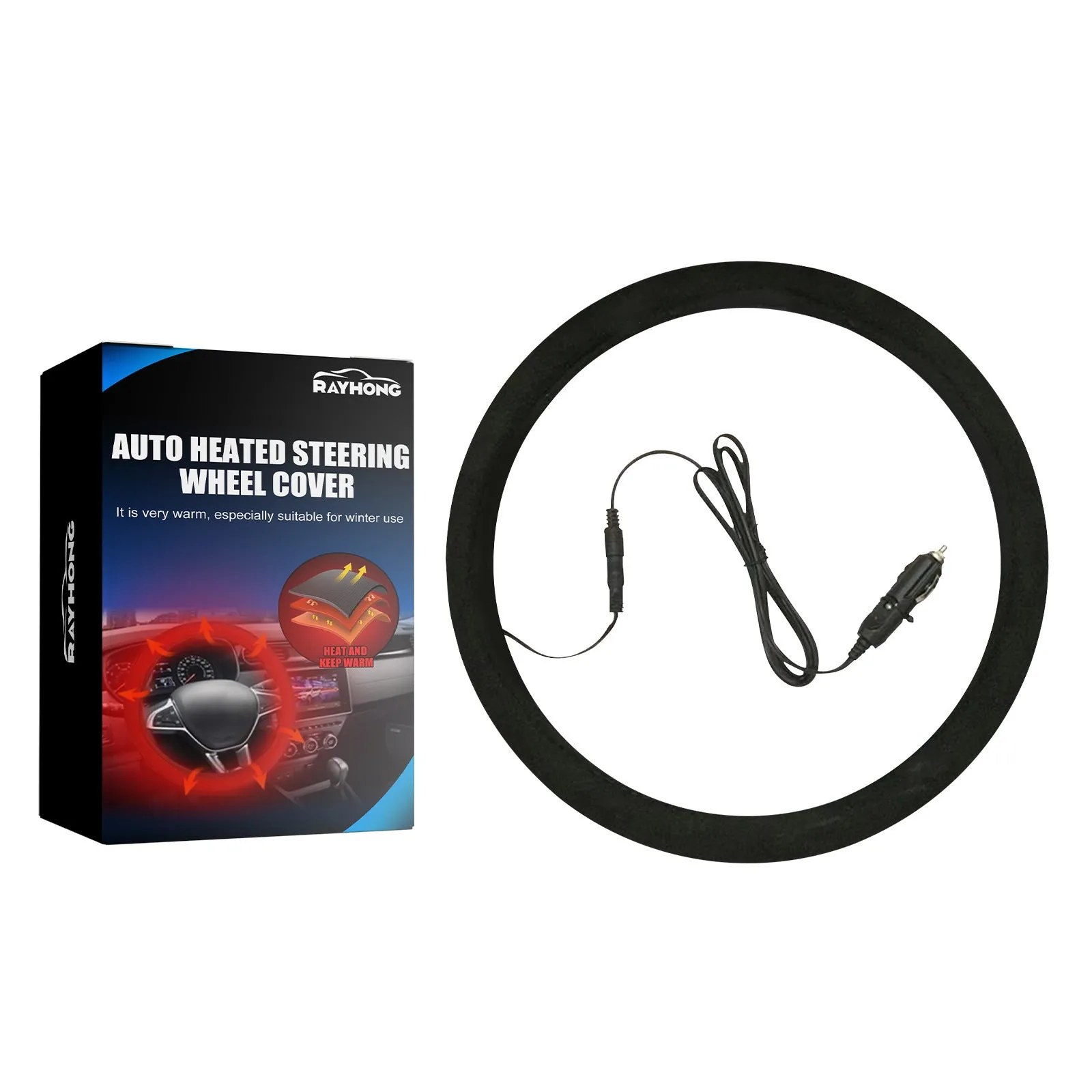 Black suede automobile steering wheel heating sleeve with power lines