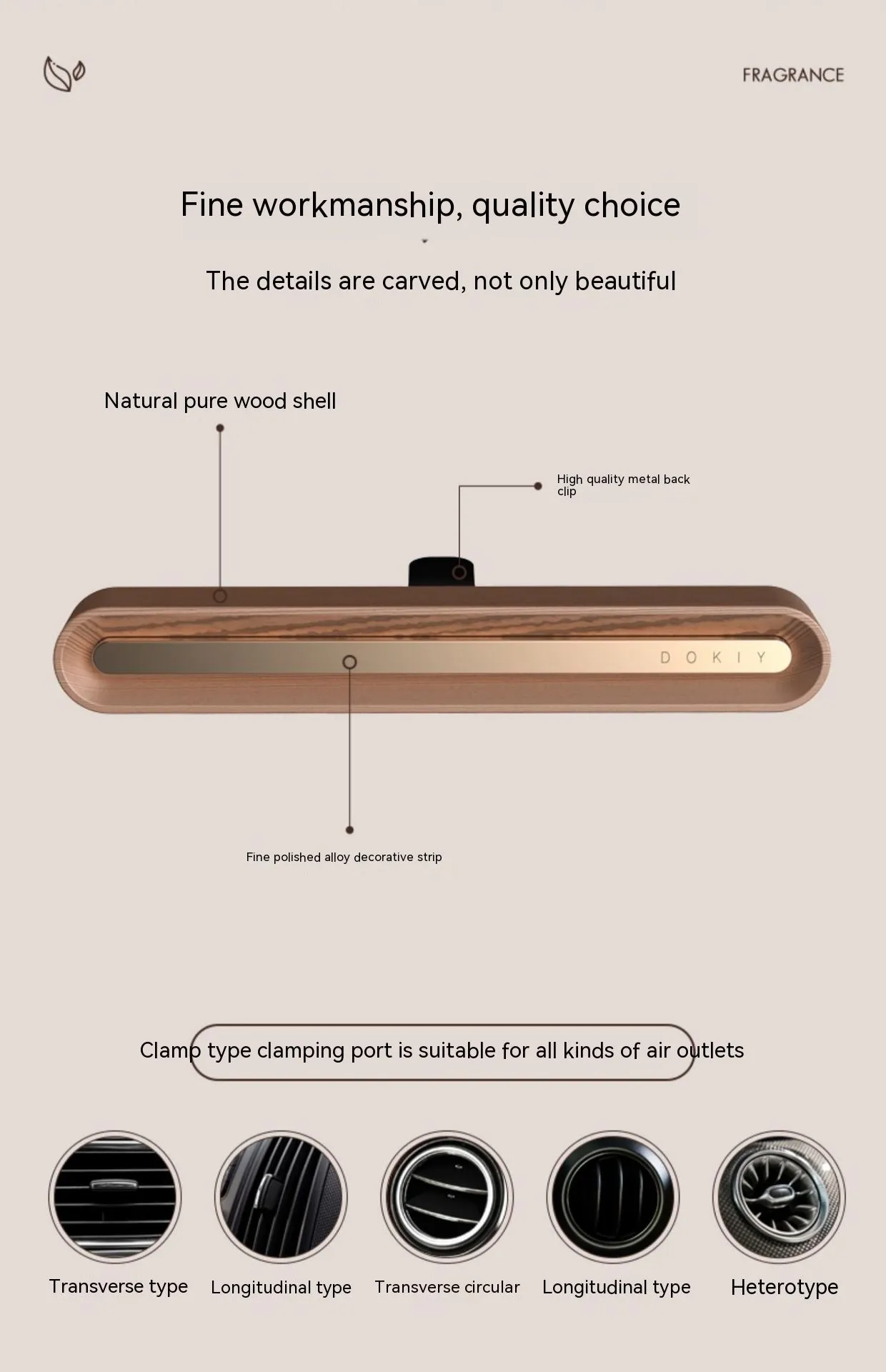 Long strip car aromatherapy ornament with air vent clip in metallic grey or walnut colour