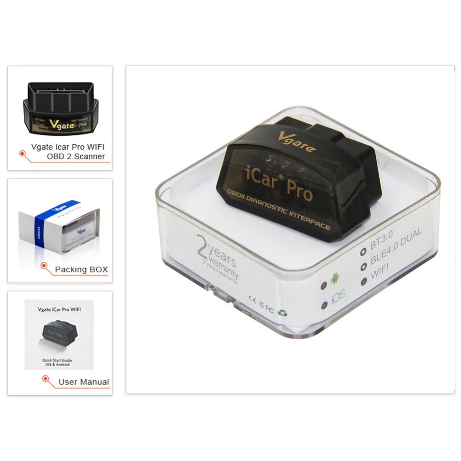 Vgate iCar Pro V2.2 OBDII Bluetooth 4.0 BLE scanner black with OBDII connector for car diagnostic