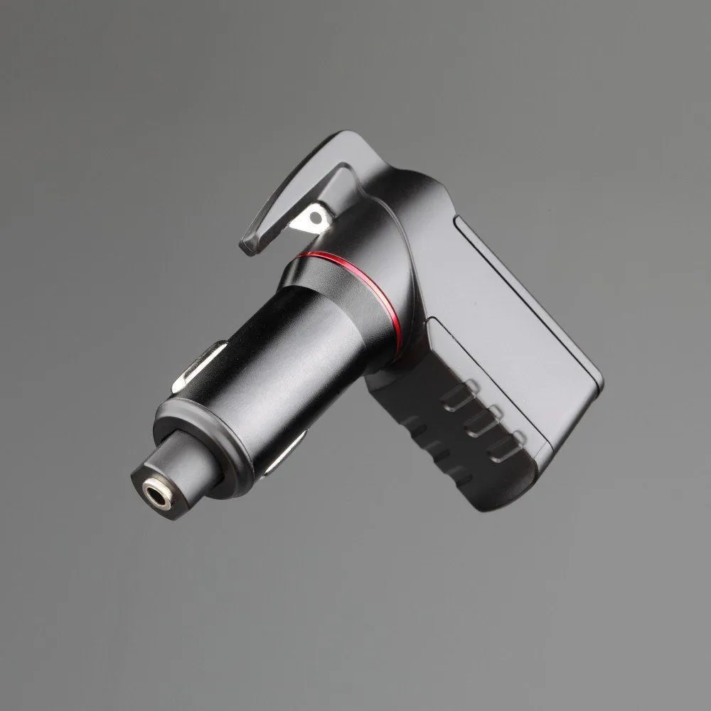 Car safety hammer with tungsten steel tip, seatbelt cutter, and fast charging port, black