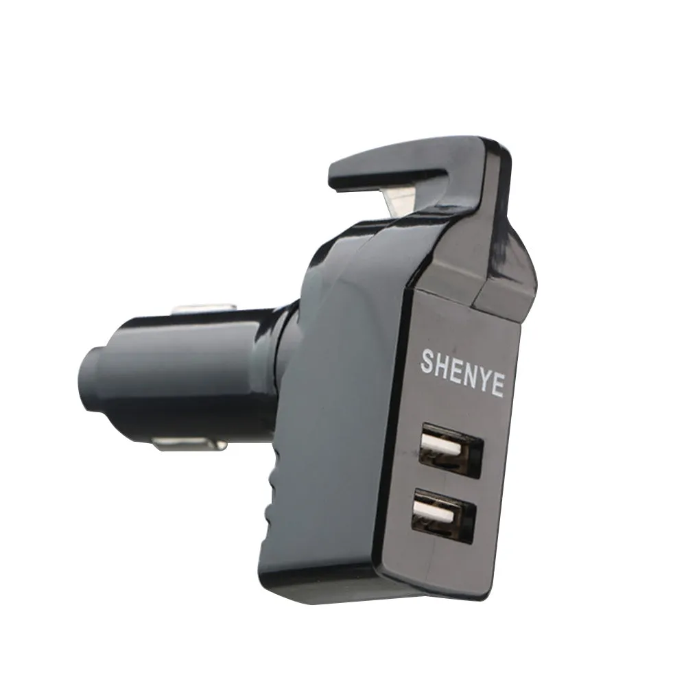 Car safety hammer with tungsten steel tip, seatbelt cutter, and fast charging port, black