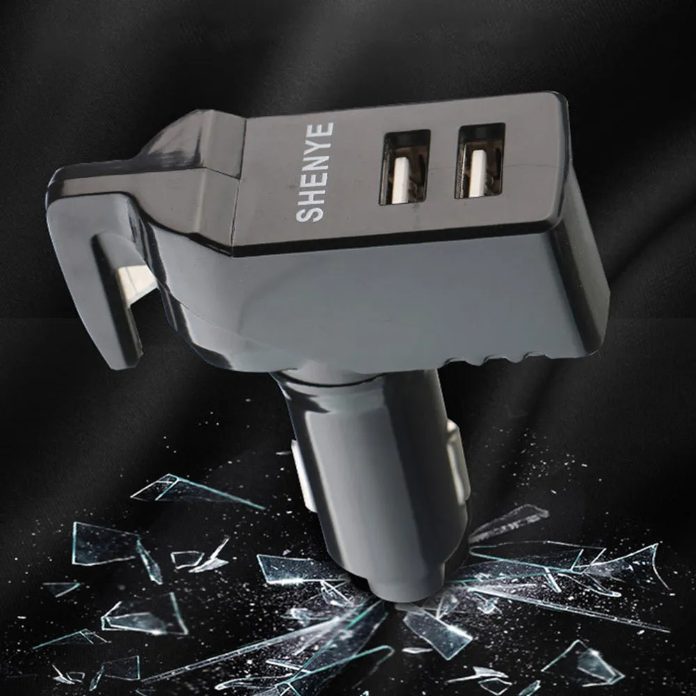 Car safety hammer with tungsten steel tip, seatbelt cutter, and fast charging port, black
