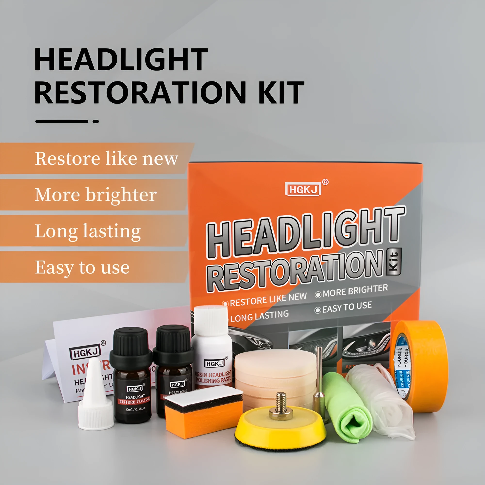 HGKJ car headlight repair kit 30ml with coating, sandpaper, and sponge