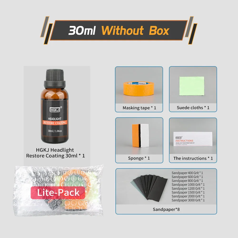HGKJ car headlight repair kit 30ml with coating, sandpaper, and sponge