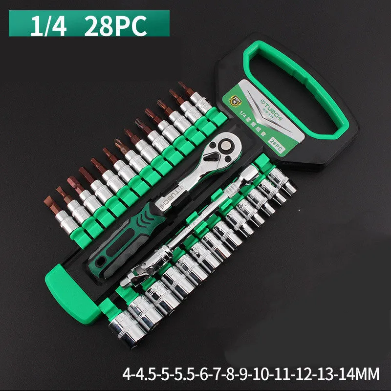 Metric tool steel socket casing ratchet wrench set with quad interface for car repair