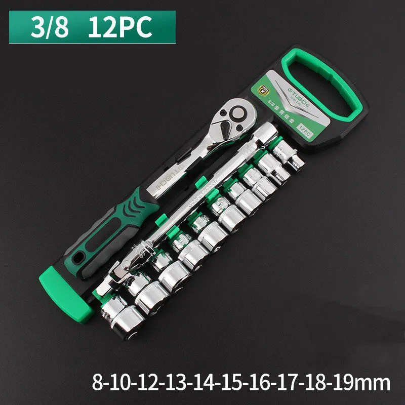 Metric tool steel socket casing ratchet wrench set with quad interface for car repair