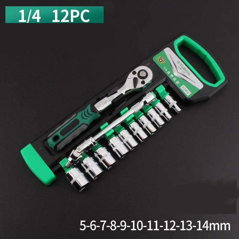 Metric tool steel socket casing ratchet wrench set with quad interface for car repair