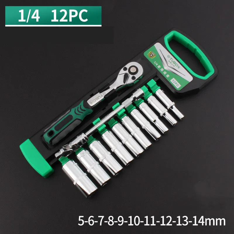 Metric tool steel socket casing ratchet wrench set with quad interface for car repair