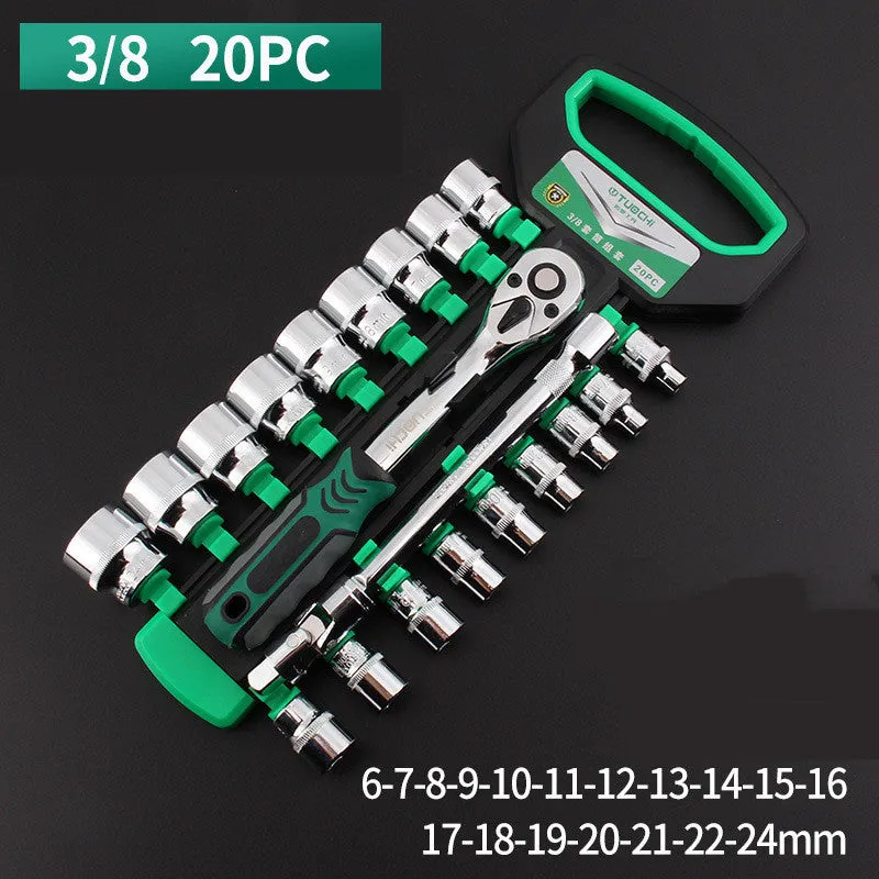 Metric tool steel socket casing ratchet wrench set with quad interface for car repair