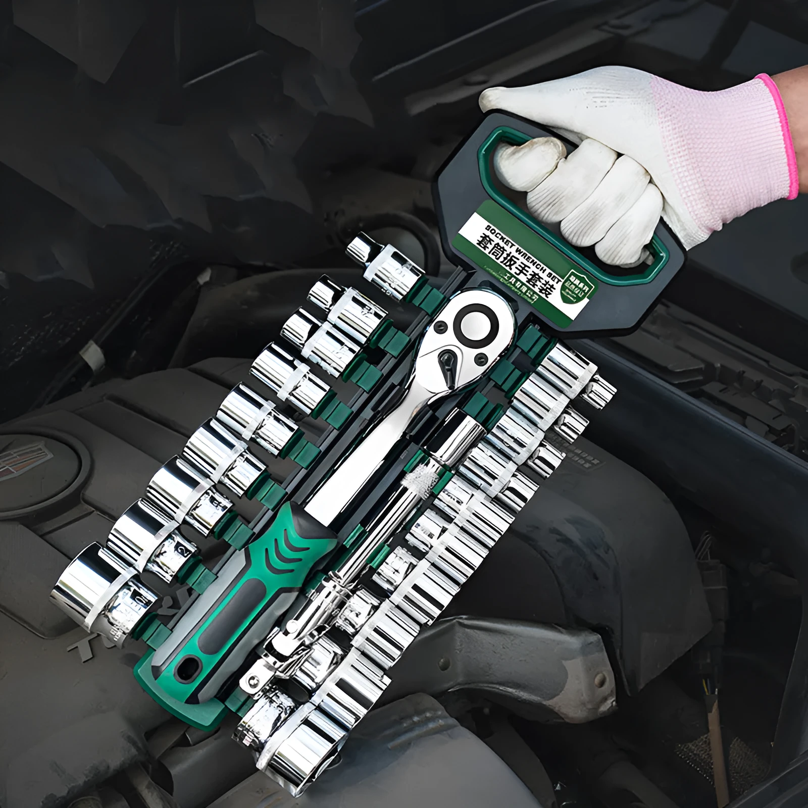 Metric tool steel socket casing ratchet wrench set with quad interface for car repair