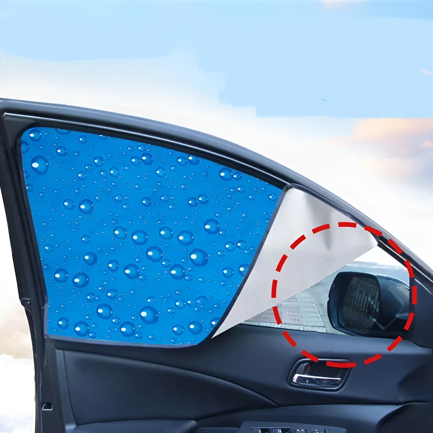 Single layer retractable magnetic car curtain silver coated cloth with steel wire frame installed on car window rail