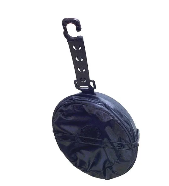 Black cylindrical foldable car trash bin 16x20.5cm with adjustable strap for vehicle cleaning and storage on a seat