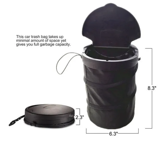 Black cylindrical foldable car trash bin 16x20.5cm with adjustable strap for vehicle cleaning and storage on a seat