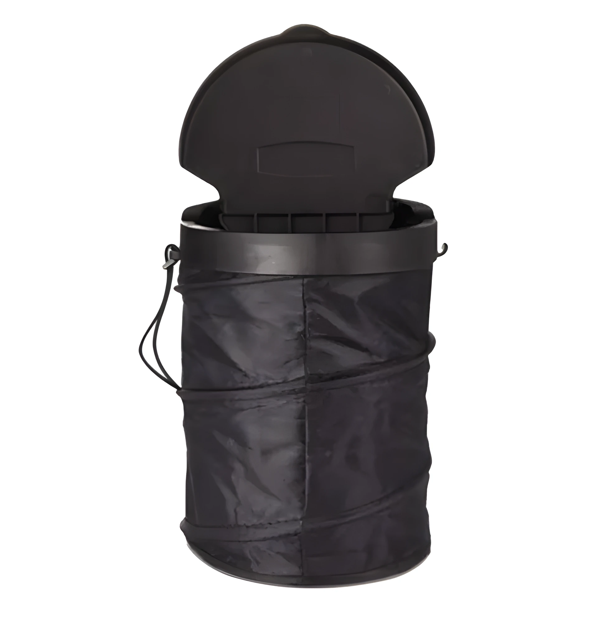 Black cylindrical foldable car trash bin 16x20.5cm with adjustable strap for vehicle cleaning and storage on a seat