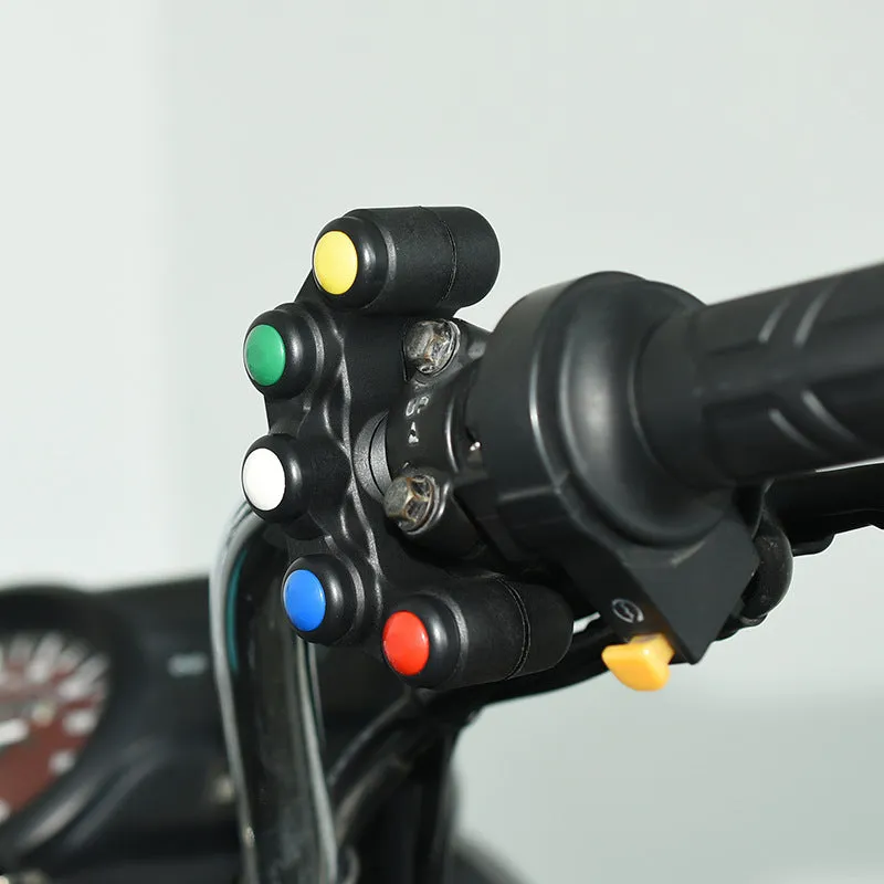 Plastic five-position rocker switch with coloured button, 52cm cable, and mounting bracket for vehicle accessory control.