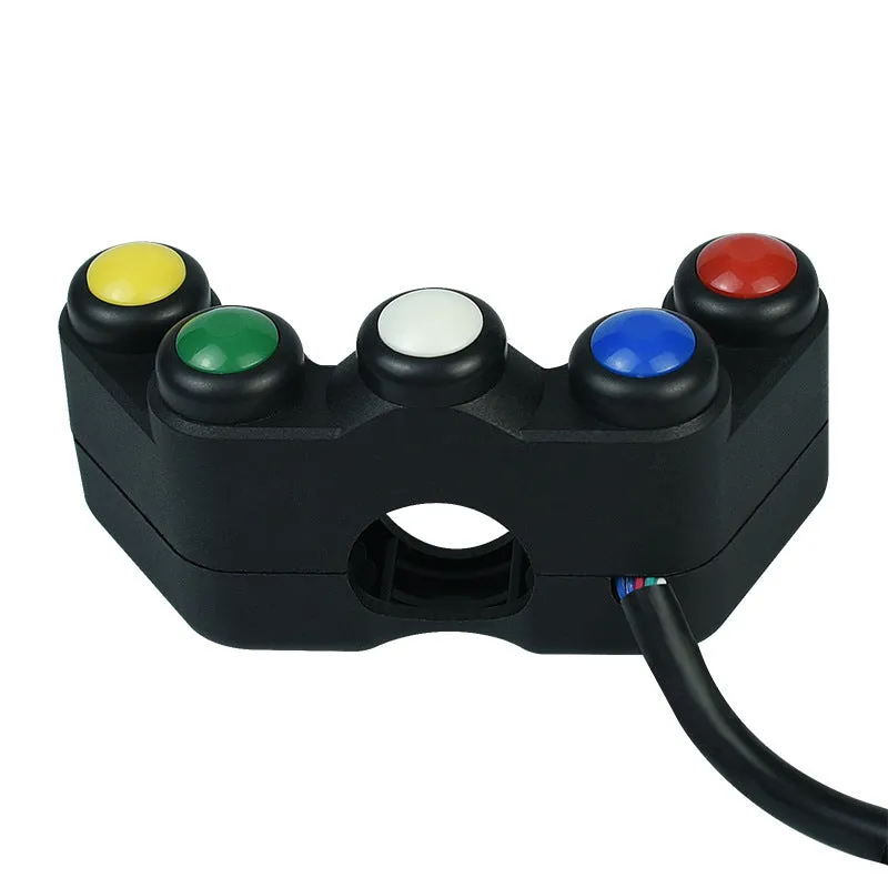Plastic five-position rocker switch with coloured button, 52cm cable, and mounting bracket for vehicle accessory control.