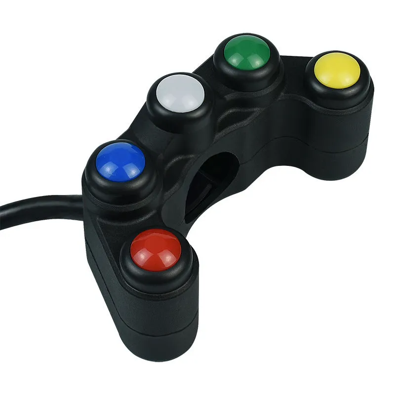 Plastic five-position rocker switch with coloured button, 52cm cable, and mounting bracket for vehicle accessory control.