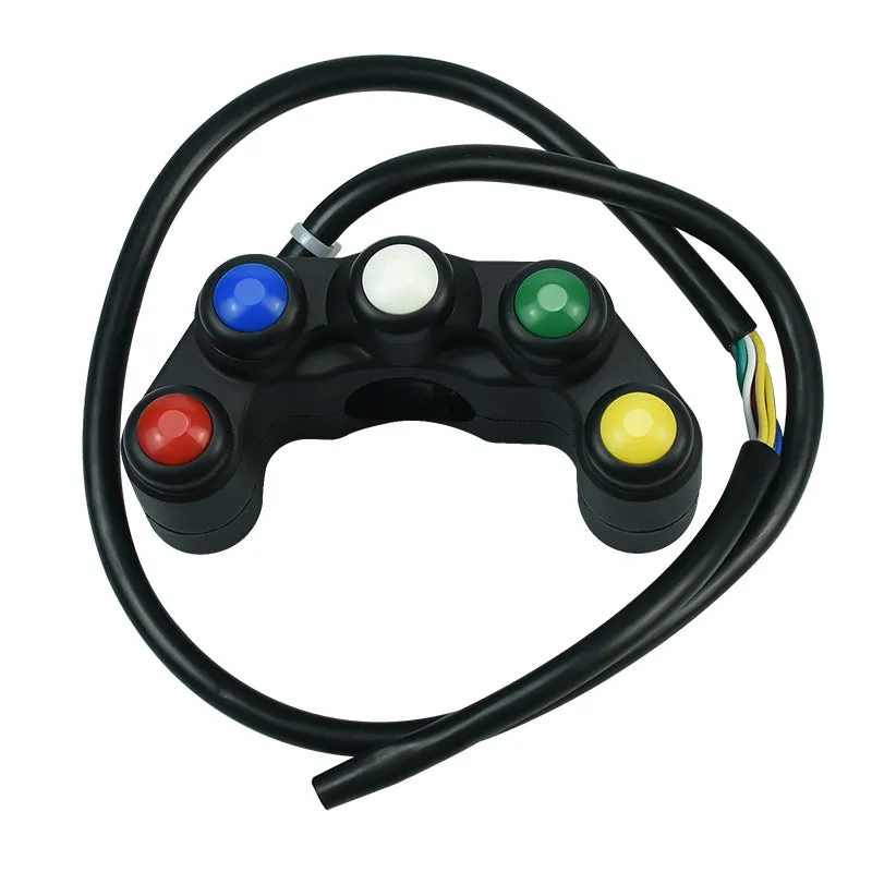 Plastic five-position rocker switch with coloured button, 52cm cable, and mounting bracket for vehicle accessory control.