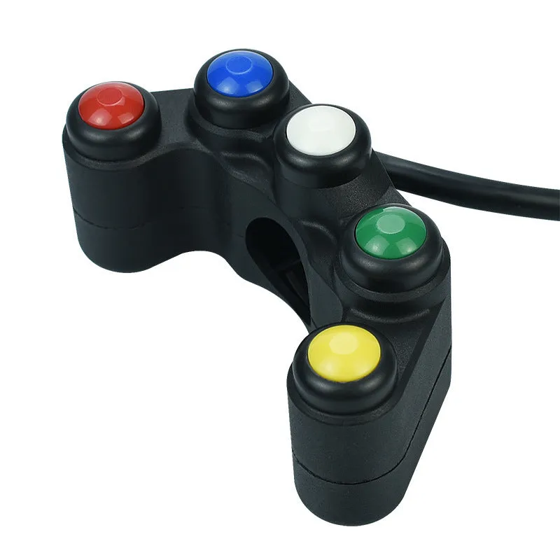 Plastic five-position rocker switch with coloured button, 52cm cable, and mounting bracket for vehicle accessory control.