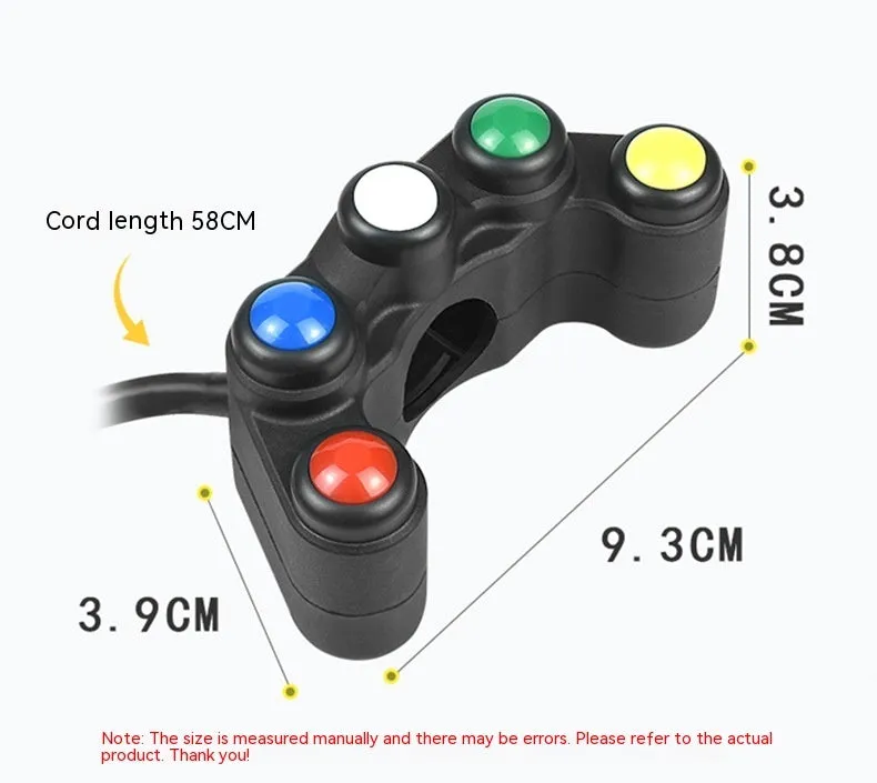 Plastic five-position rocker switch with coloured button, 52cm cable, and mounting bracket for vehicle accessory control.