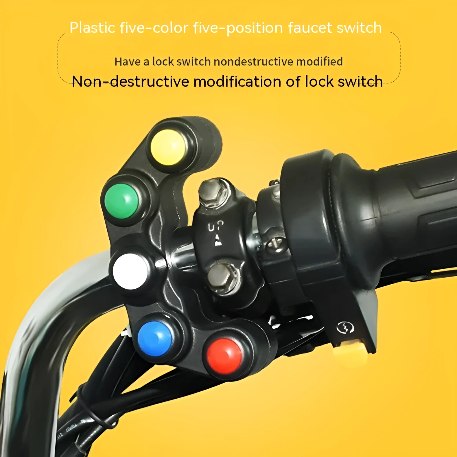 Plastic five-position rocker switch with coloured button, 52cm cable, and mounting bracket for vehicle accessory control.