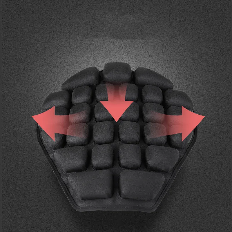 Jiusong Starry Black inflatable motorcycle seat cushion with 3D airbag, 355x385mm, shows PU leather and strap attachment