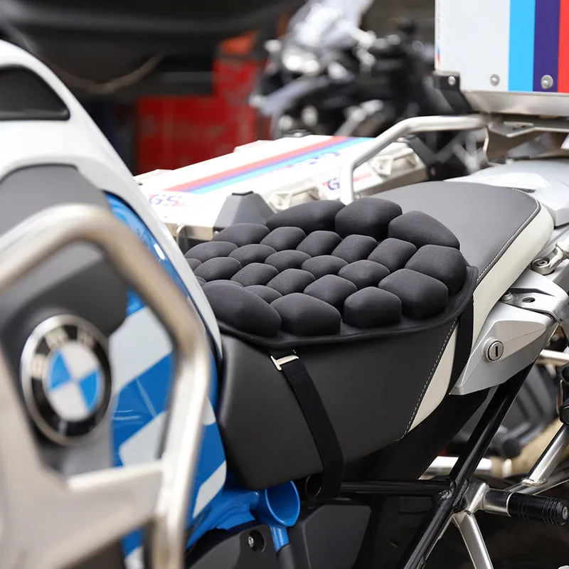 Jiusong Starry Black inflatable motorcycle seat cushion with 3D airbag, 355x385mm, shows PU leather and strap attachment