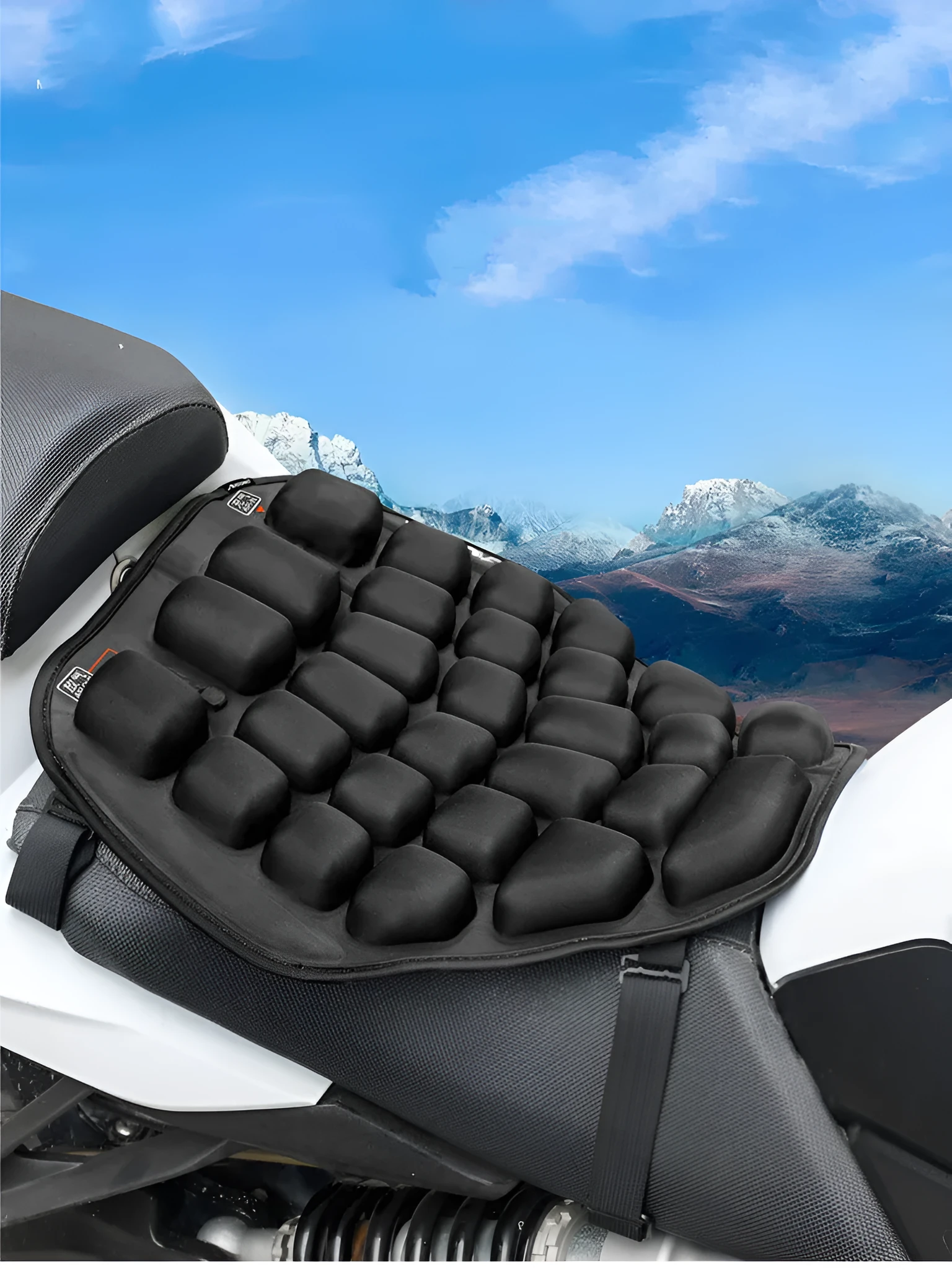 Jiusong Starry Black inflatable motorcycle seat cushion with 3D airbag, 355x385mm, shows PU leather and strap attachment