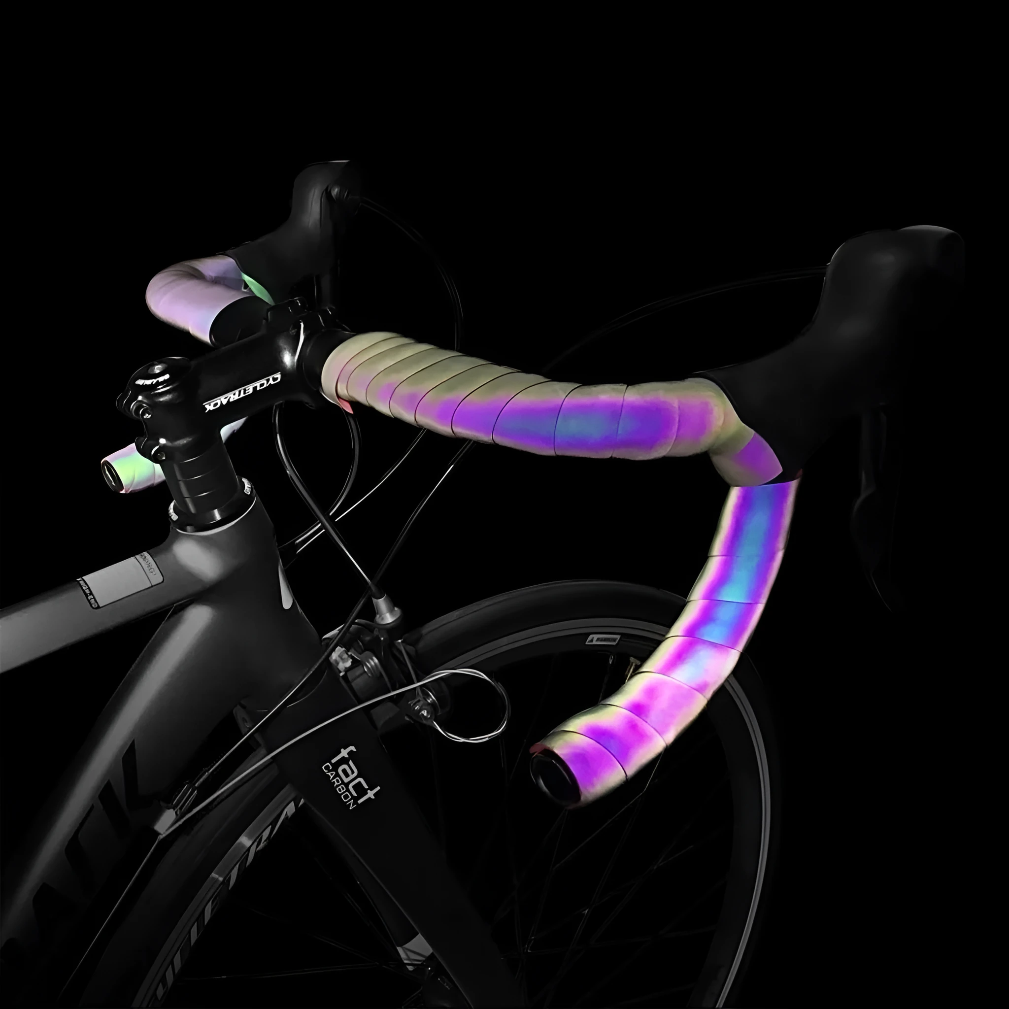 CX-85 reflective rainbow handlebar tape 2150mm x 30mm in Original Black finish on bicycle handlebars