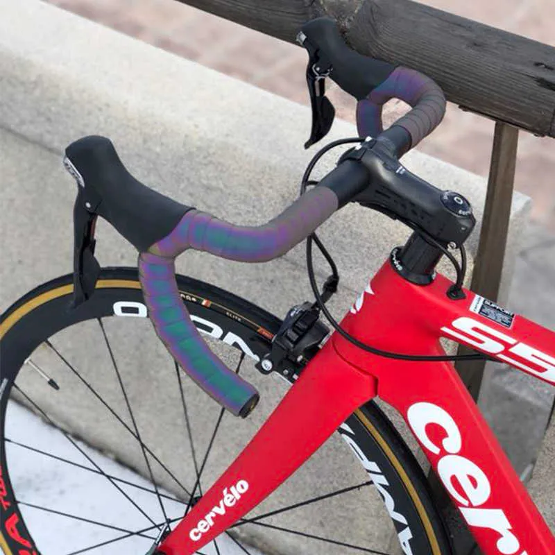 CX-85 reflective rainbow handlebar tape 2150mm x 30mm in Original Black finish on bicycle handlebars