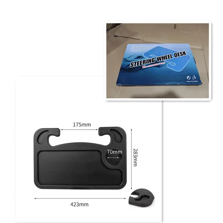 Black HDPE car steering wheel tray large size 42x28cm on a car steering wheel