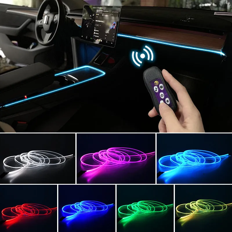 Car interior LED atmosphere lighting strip with colourful colour changing effects installed along dashboard