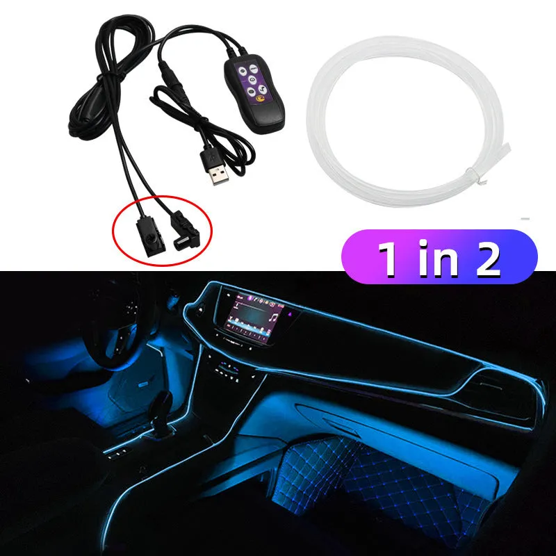 Car interior LED atmosphere lighting strip with colourful colour changing effects installed along dashboard