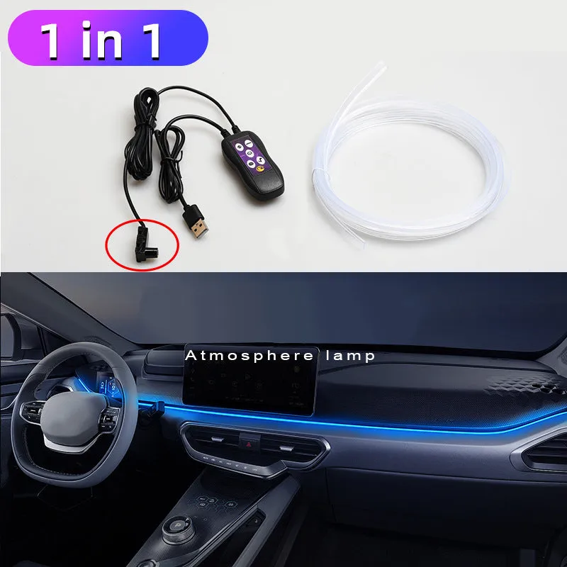 Car interior LED atmosphere lighting strip with colourful colour changing effects installed along dashboard