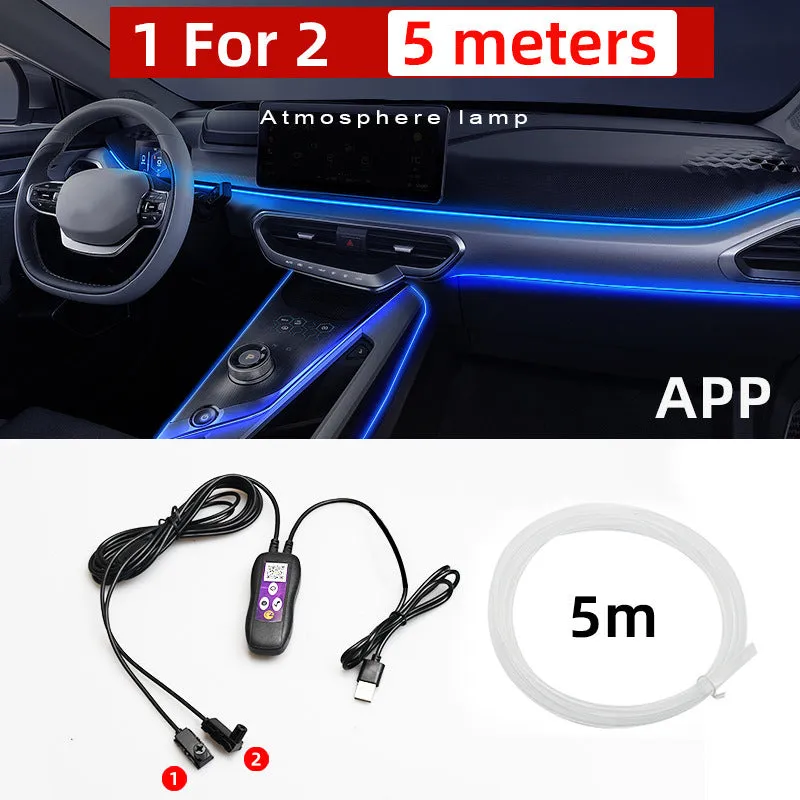 Car interior LED atmosphere lighting strip with colourful colour changing effects installed along dashboard