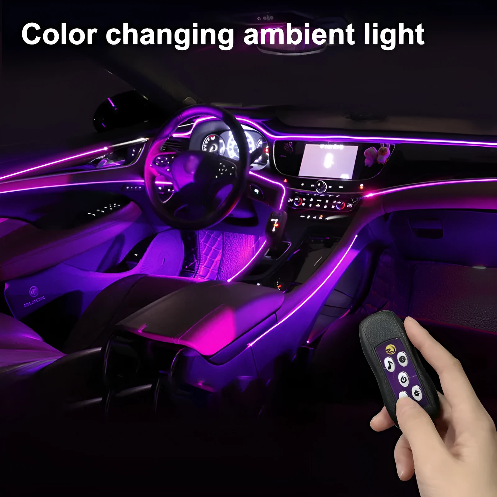 Car interior LED atmosphere lighting strip with colourful colour changing effects installed along dashboard