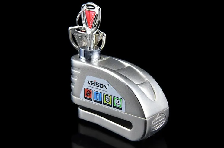 VEISON waterproof alloy disc brake alarm lock with 3 keys in black colour on a white background
