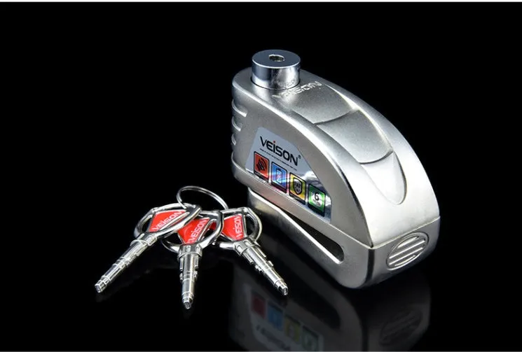 VEISON waterproof alloy disc brake alarm lock with 3 keys in black colour on a white background